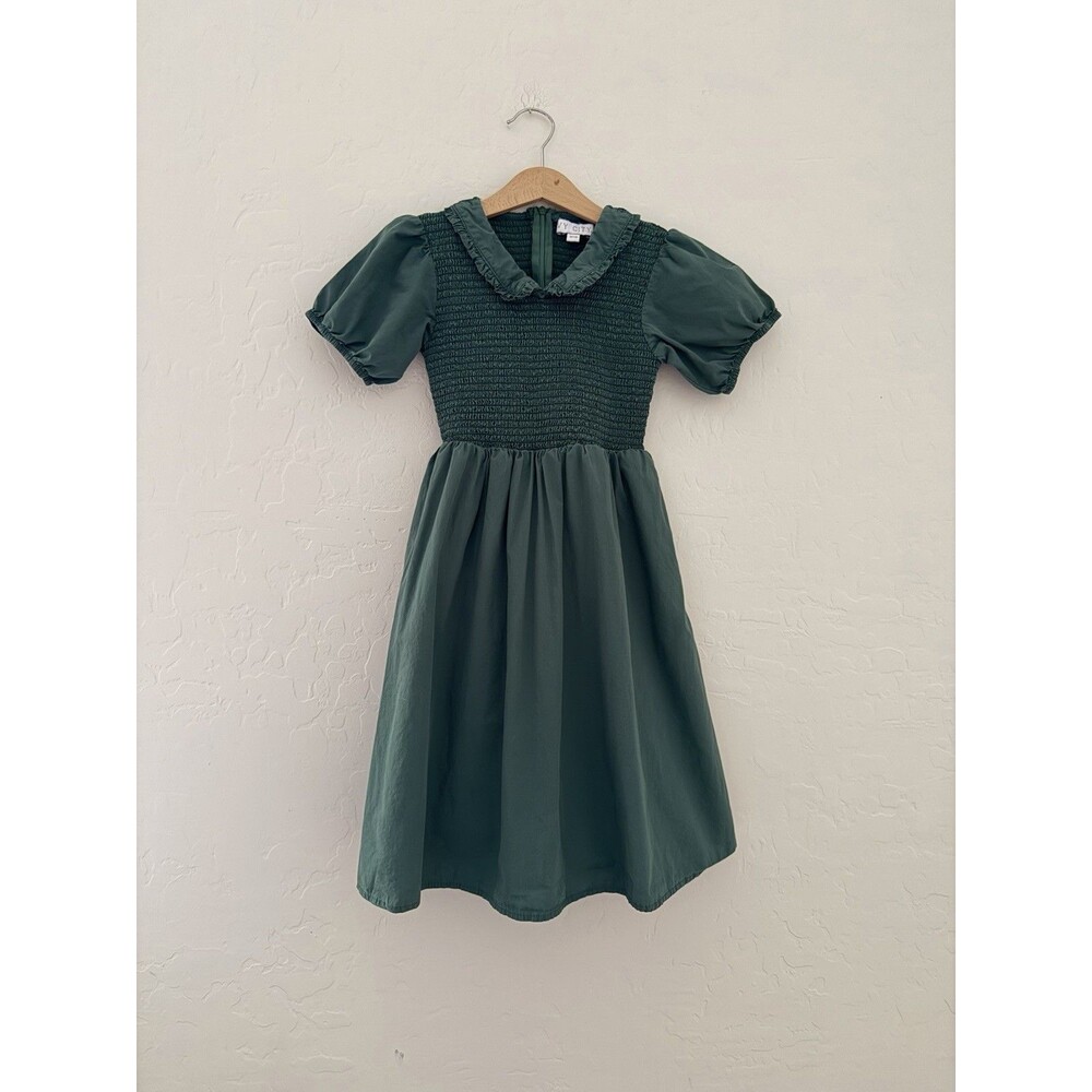 Ivy City Co Addie Dress Girls 9/10 Forest Green Smocked Puff Sleeve Collar